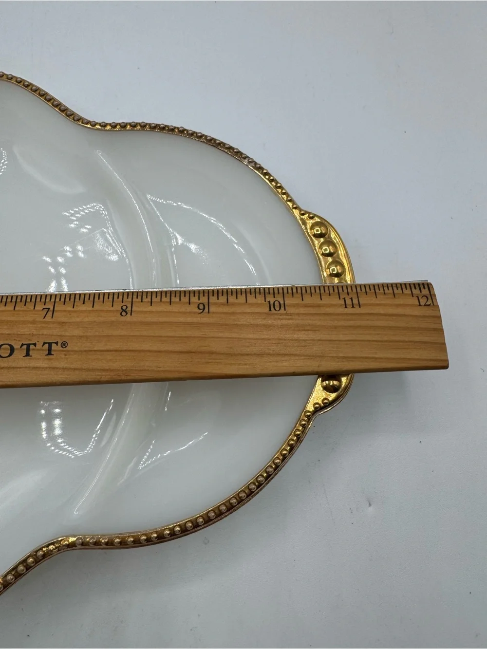 Vintage Anchor Hocking Fire King Milk Glass Divided Relish Dish Tray Gold Trim